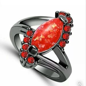 New Marquise Cut Red Fire Opal Black Gold Ring.